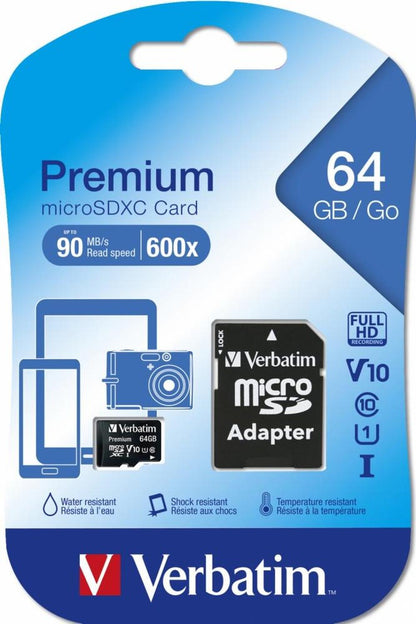 Memoria Flash Verbatim, 64GB microSDHC Clase 10, con Adaptador