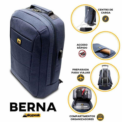 Mochila BERNA para laptop de 15.6 pulgadas con puerto de carga USB color azul BERNA-115BL